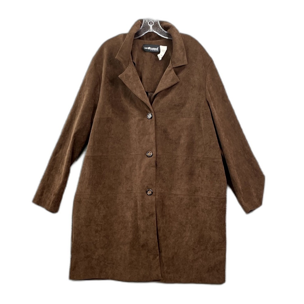 Vintage Sag Harbor Suede Long Coat Womens 20W Brown Single Breasted Grunge Retro